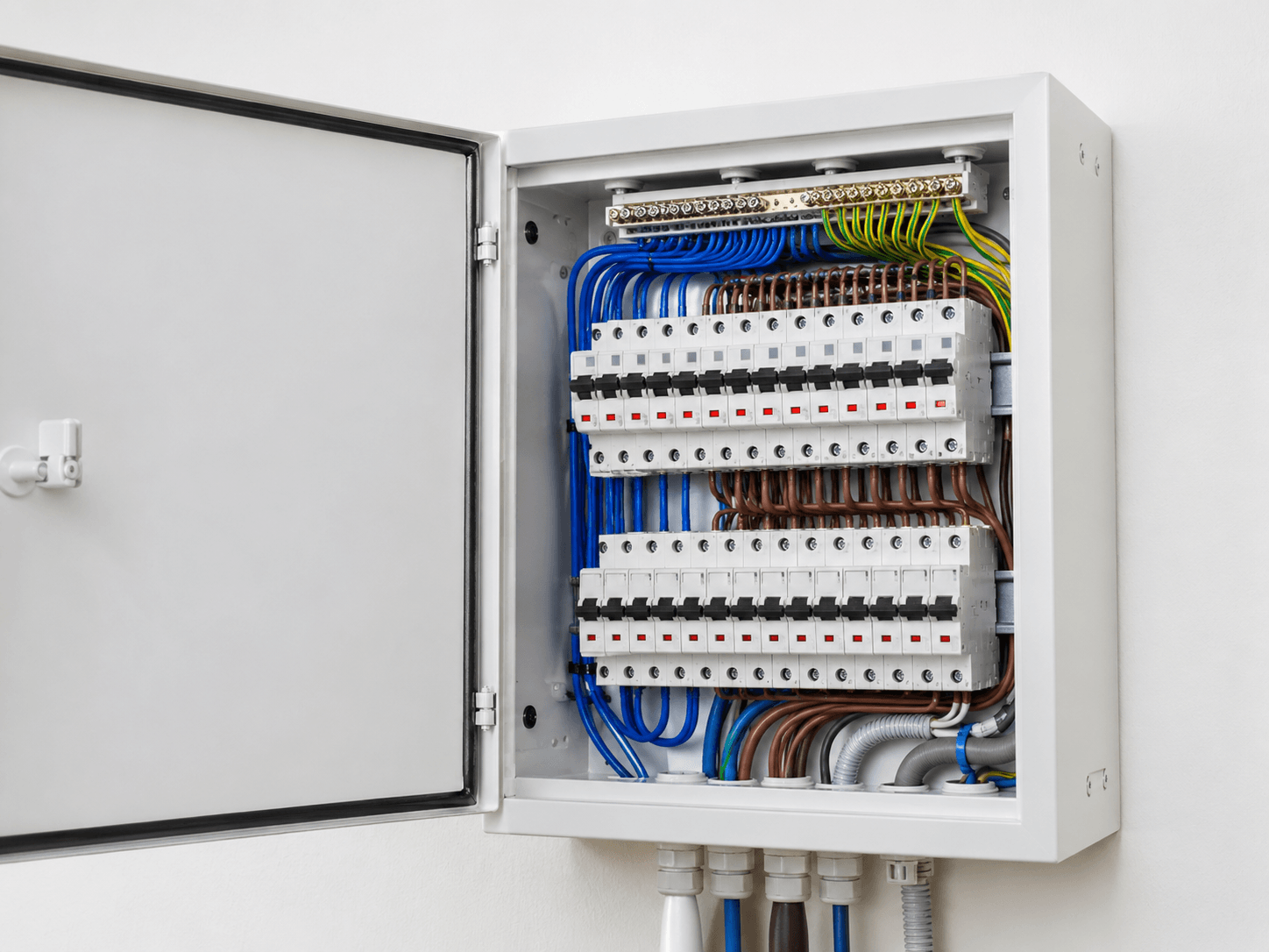 Quadro elettrico domestico ordinato con interruttori e cavi